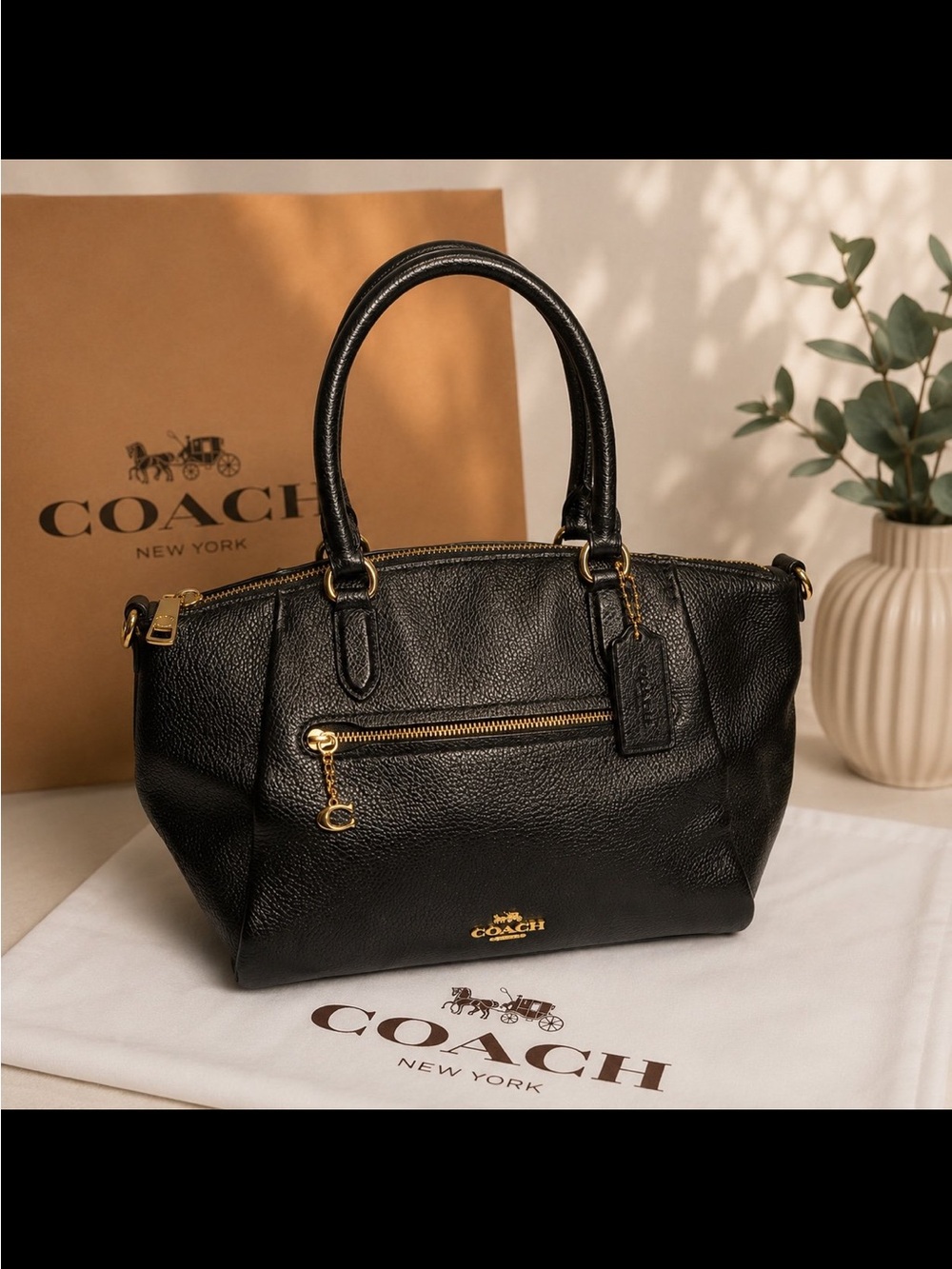 Coach Black Pebbled Leather Satchel Gold Hardware Used Once EUC